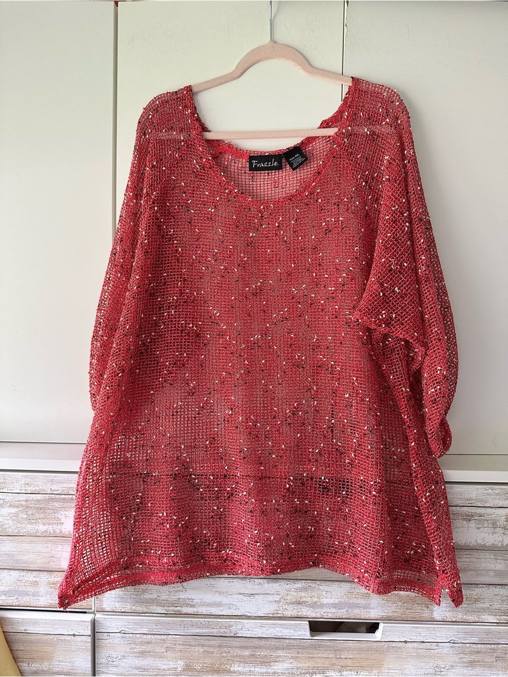 💖 Frazzle Open Knit Tunic Sweater Cover-Up Pink XXL Boho Oversized